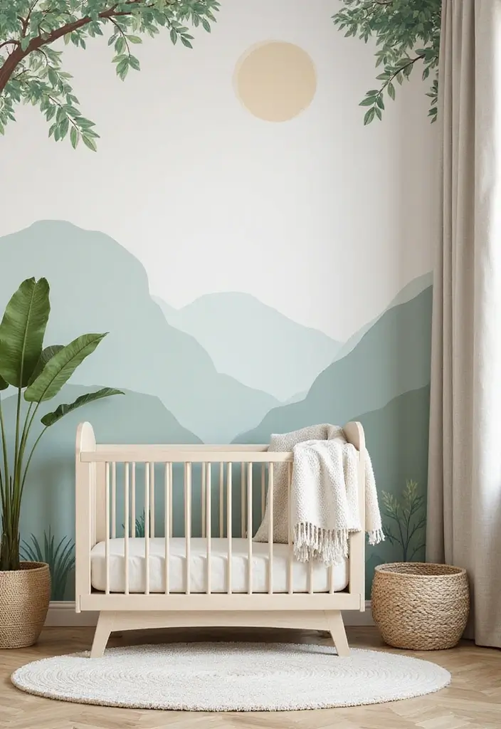 25 Baby Bedroom Ideas for Newborns That Are Dreamy & Serene - 23. Nature-Themed Wallpaper