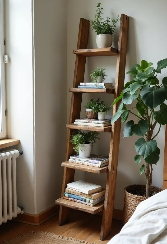 25 Bedroom Side Table Ideas That Look Cute & Functional - 10. Repurposed Ladder Table