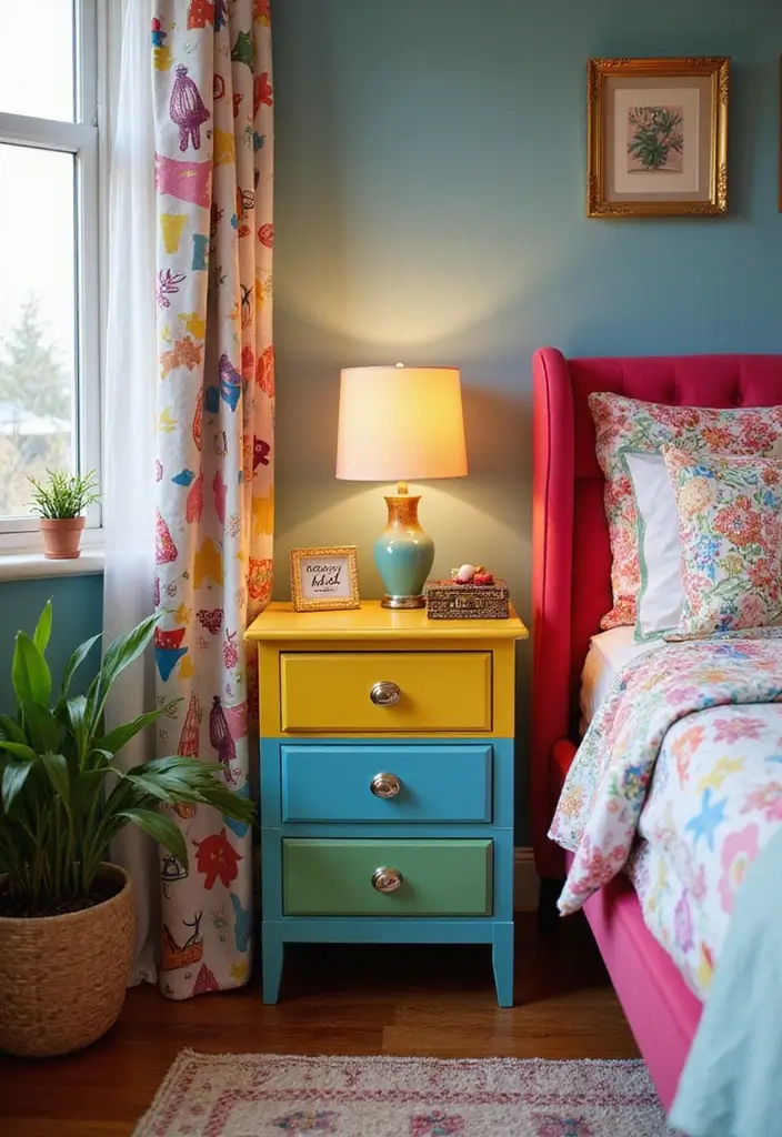 25 Bedroom Side Table Ideas That Look Cute & Functional - 11. Colorful Nightstand