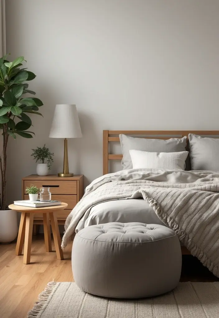 25 Bedroom Side Table Ideas That Look Cute & Functional - 14. Multifunctional Ottoman