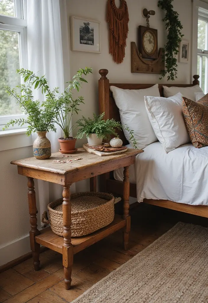 25 Bedroom Side Table Ideas That Look Cute & Functional - 15. Bohemian Collage Table