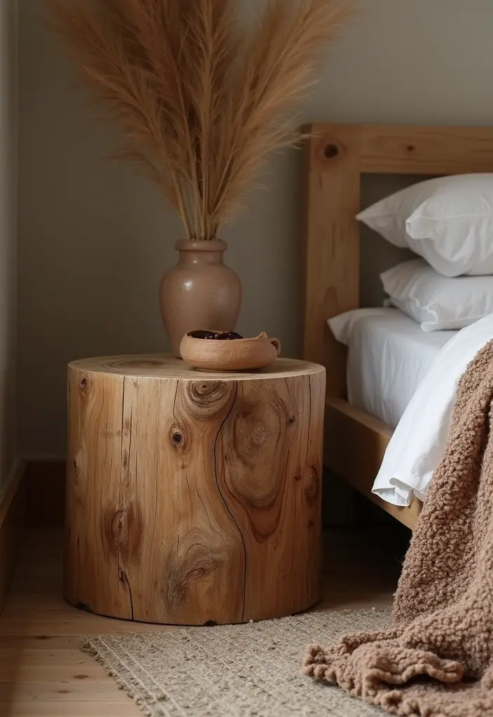 25 Bedroom Side Table Ideas That Look Cute & Functional - 18. Rustic Log Table