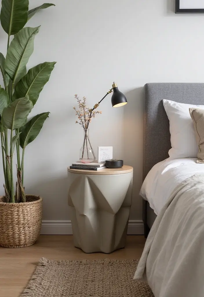 25 Bedroom Side Table Ideas That Look Cute & Functional - 19. Geometric Side Table