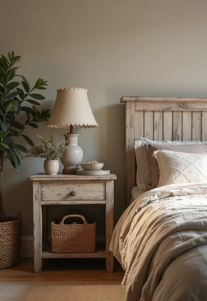 25 Bedroom Side Table Ideas That Look Cute & Functional - 20. Rustic Farmhouse Table