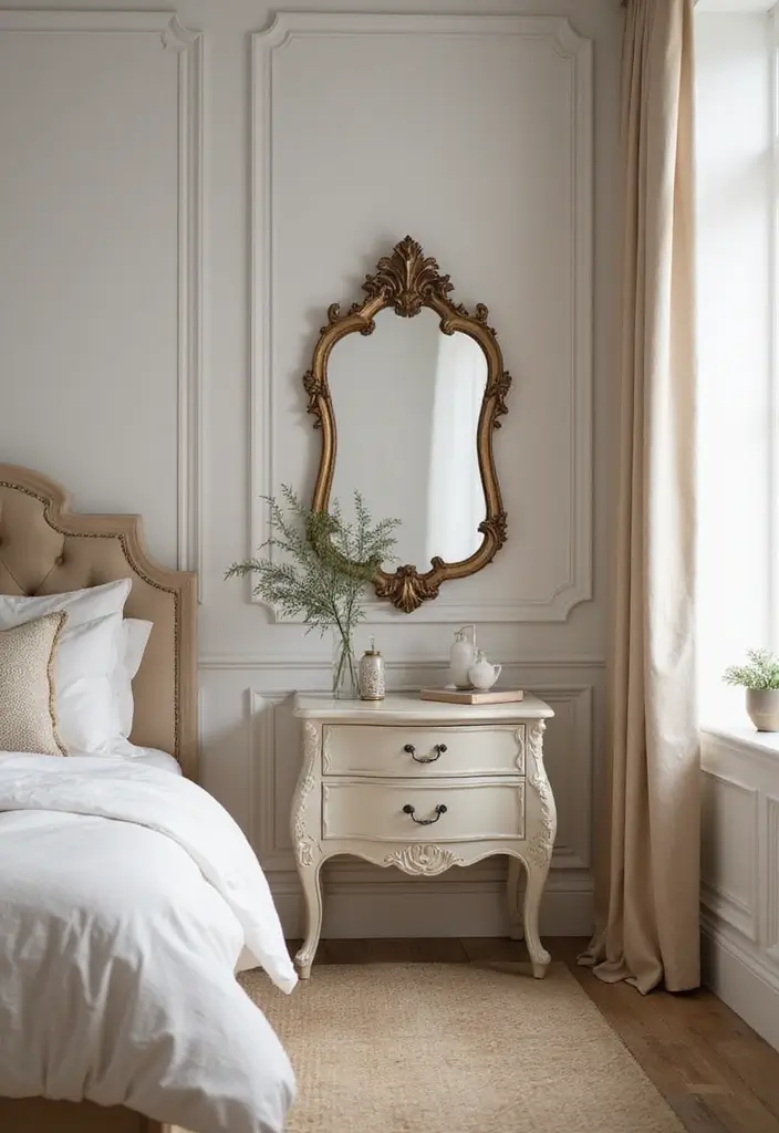 25 Bedroom Side Table Ideas That Look Cute & Functional - 24. Elegant Nightstand with Mirror
