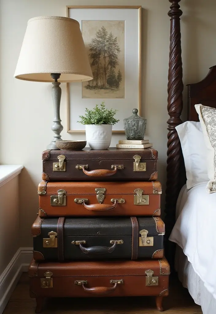 25 Bedroom Side Table Ideas That Look Cute & Functional - 3. Vintage Suitcase Stack
