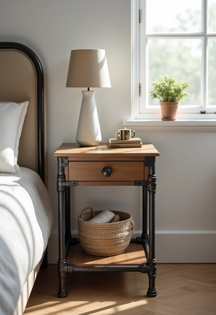 25 Bedroom Side Table Ideas That Look Cute & Functional - 4. Industrial Pipe Table