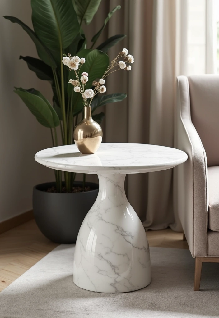 25 Bedroom Side Table Ideas That Look Cute & Functional - 5. Round Marble Table
