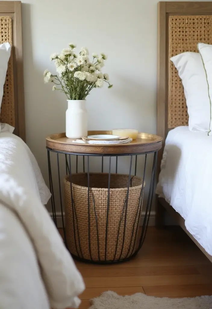 25 Bedroom Side Table Ideas That Look Cute & Functional - 6. Wire Basket Table