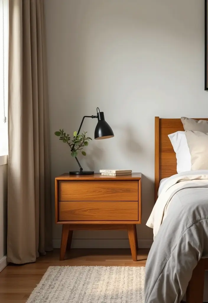 25 Bedroom Side Table Ideas That Look Cute & Functional - 9. Mid-Century Modern Design