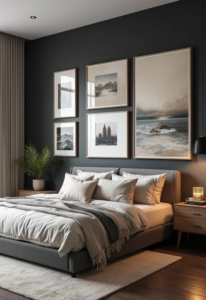 25 Black Bedroom Decor Ideas That Feel Moody and Modern - 10. Artistic Wall Decor