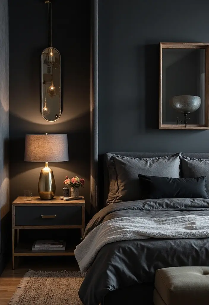25 Black Bedroom Decor Ideas That Feel Moody and Modern - 21. Subtle Metallic Details