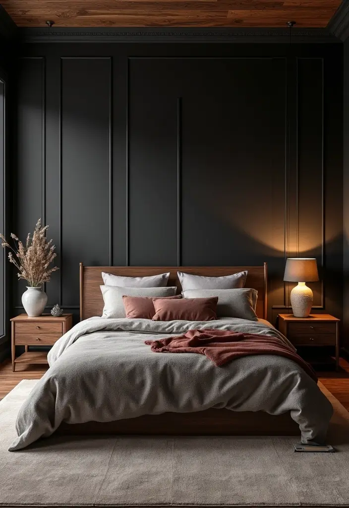 25 Black Bedroom Decor Ideas That Feel Moody and Modern - 5. Dark Wood Accents