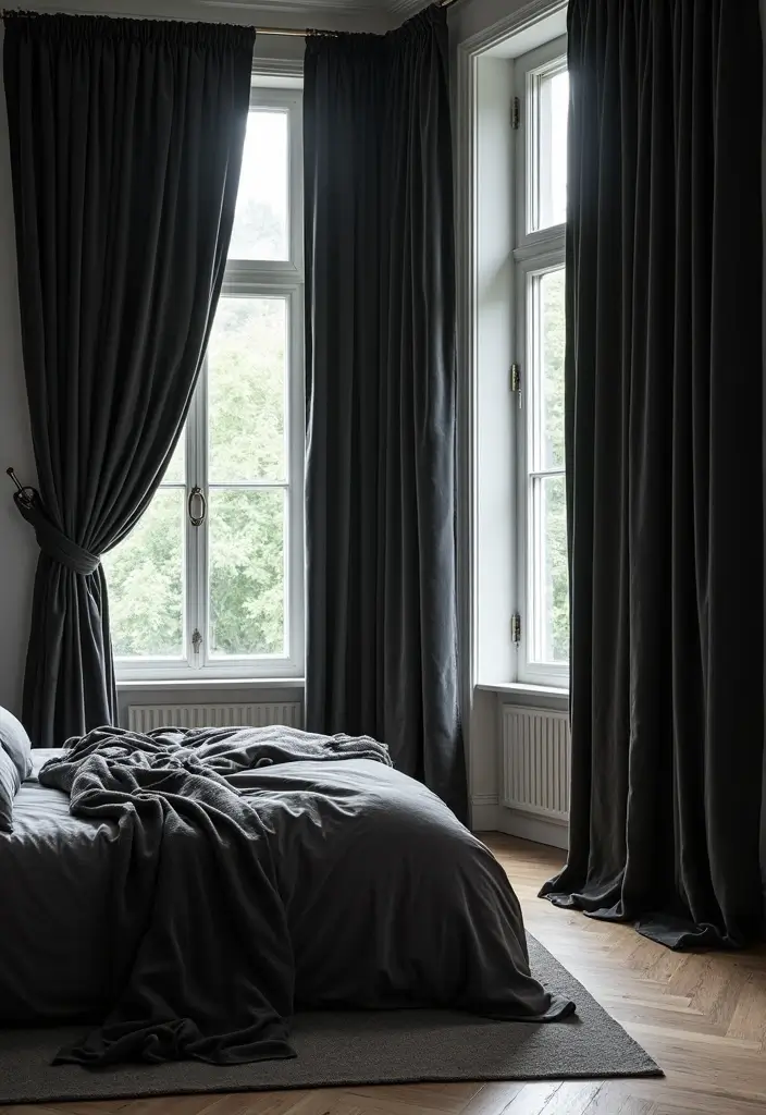 25 Black Bedroom Decor Ideas That Feel Moody and Modern - 8. Dramatic Curtains