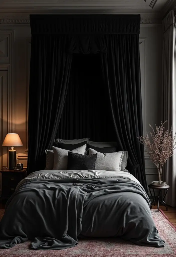25 Black Canopy Bedroom Ideas That Add Drama and Elegance - 11. Luxe Fabrics