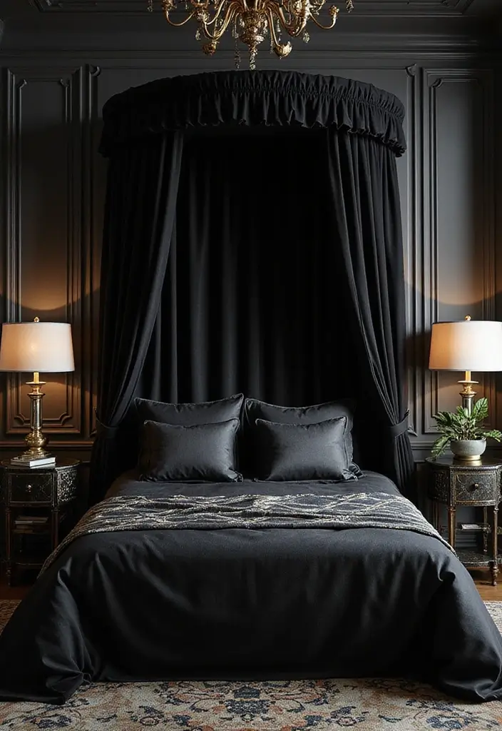 25 Black Canopy Bedroom Ideas That Add Drama and Elegance - 15. Art Deco Glam