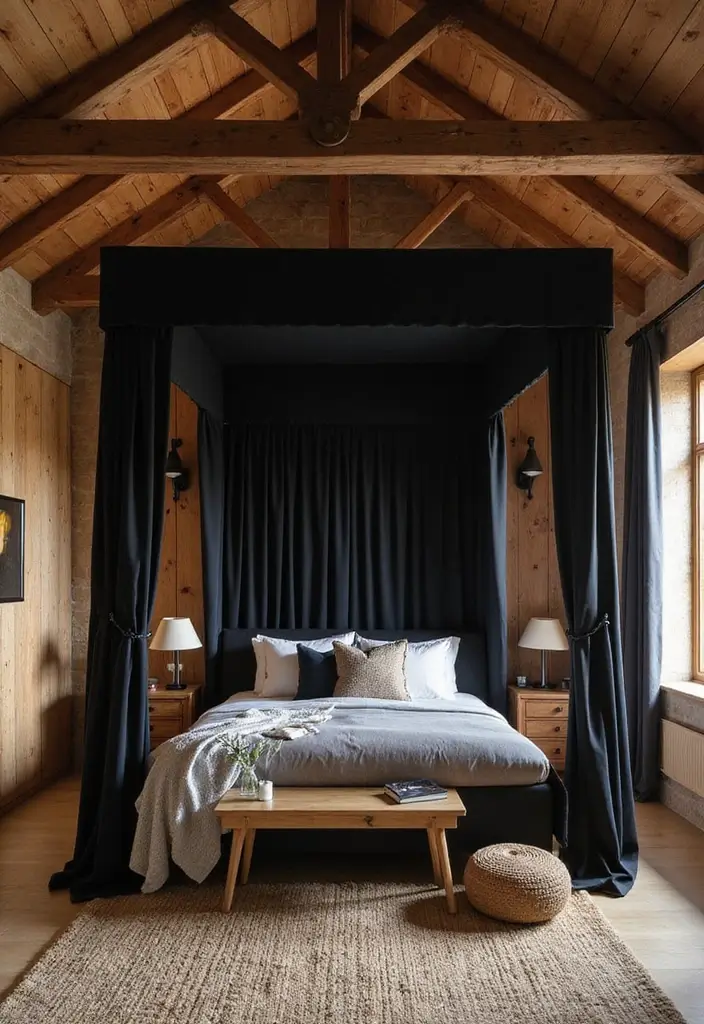 25 Black Canopy Bedroom Ideas That Add Drama and Elegance - 18. Rustic Elegance