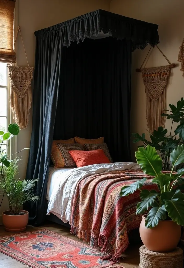 25 Black Canopy Bedroom Ideas That Add Drama and Elegance - 2. Bohemian Luxe