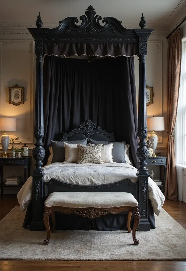 25 Black Canopy Bedroom Ideas That Add Drama and Elegance - 5. Vintage Charm