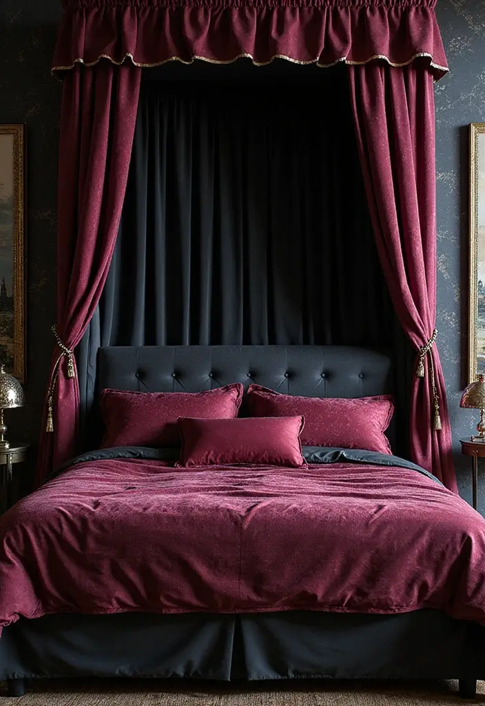 25 Black Canopy Bedroom Ideas That Add Drama and Elegance - 8. Rich Jewel Tones