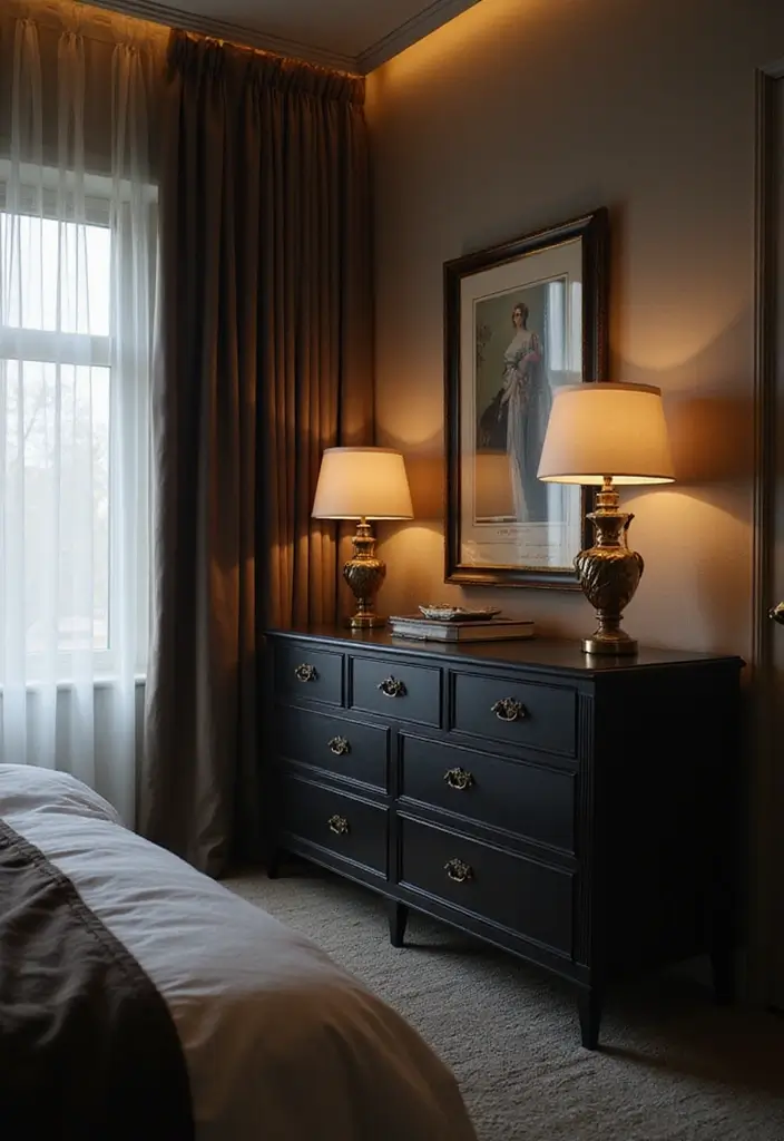 25 Black Dresser Bedroom Ideas That Anchor Any Space - 18. Layered Lighting