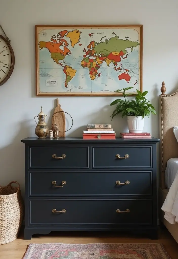 25 Black Dresser Bedroom Ideas That Anchor Any Space - 21. Inspired by Travel