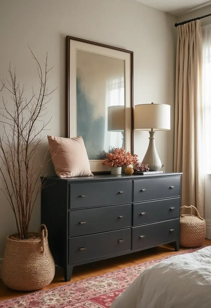 25 Black Dresser Bedroom Ideas That Anchor Any Space - 23. Seasonal Switch