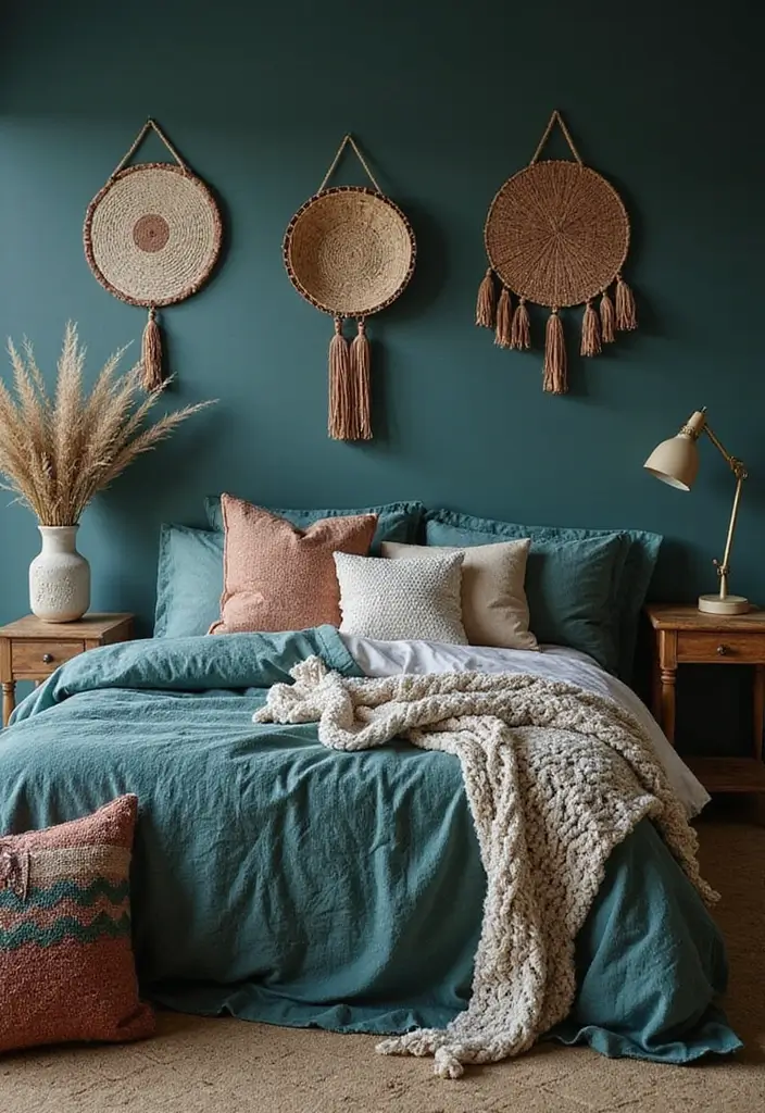 25 Dark Teal Bedroom Ideas That Bring Depth and Style - 1. Bohemian Chic with Textured Layers