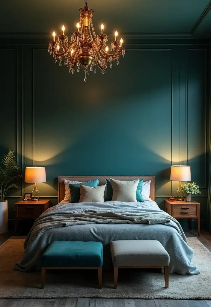 25 Dark Teal Bedroom Ideas That Bring Depth and Style - 11. Layered Lighting