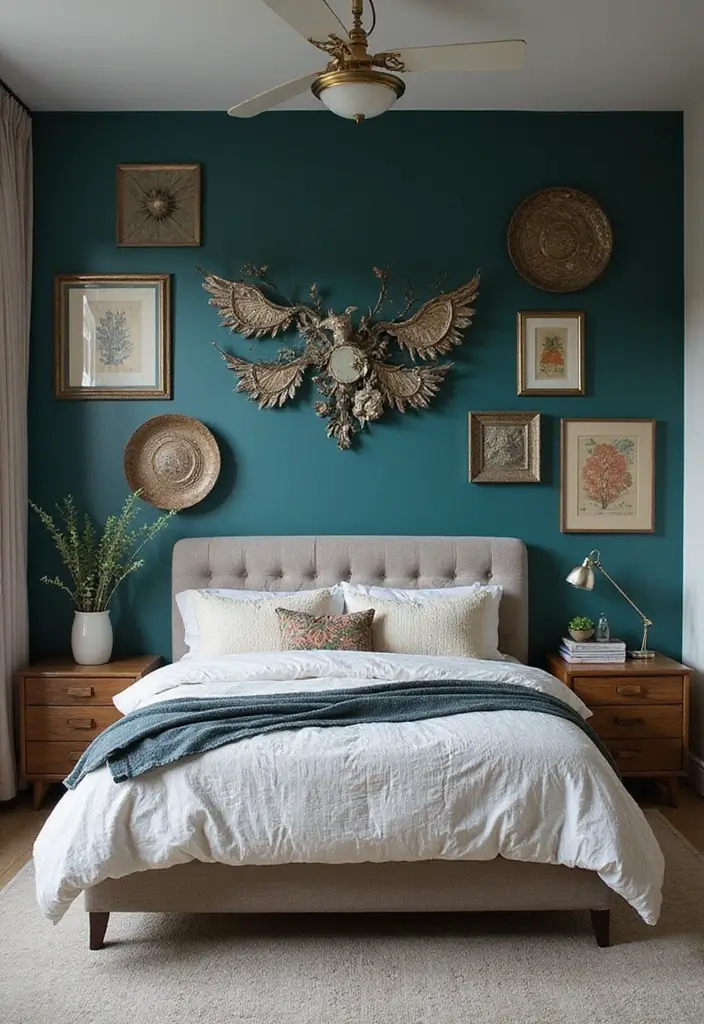 25 Dark Teal Bedroom Ideas That Bring Depth and Style - 12. Artful Accent Walls