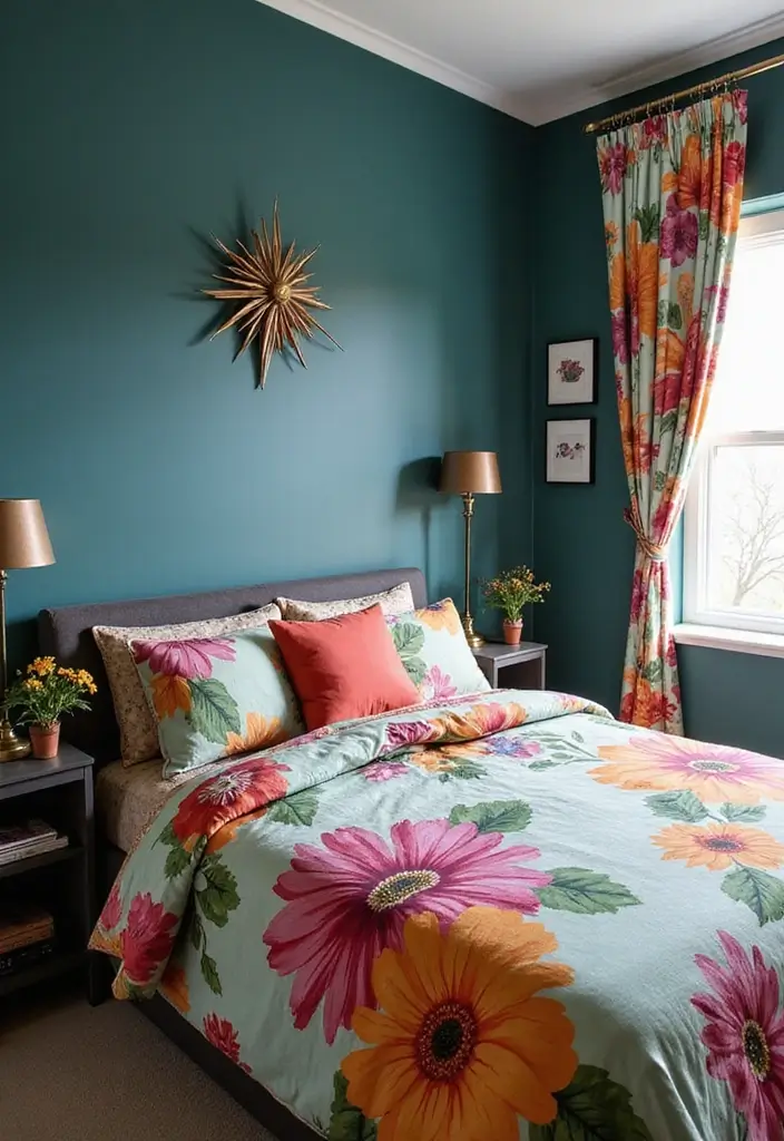 25 Dark Teal Bedroom Ideas That Bring Depth and Style - 13. Bold Floral Prints