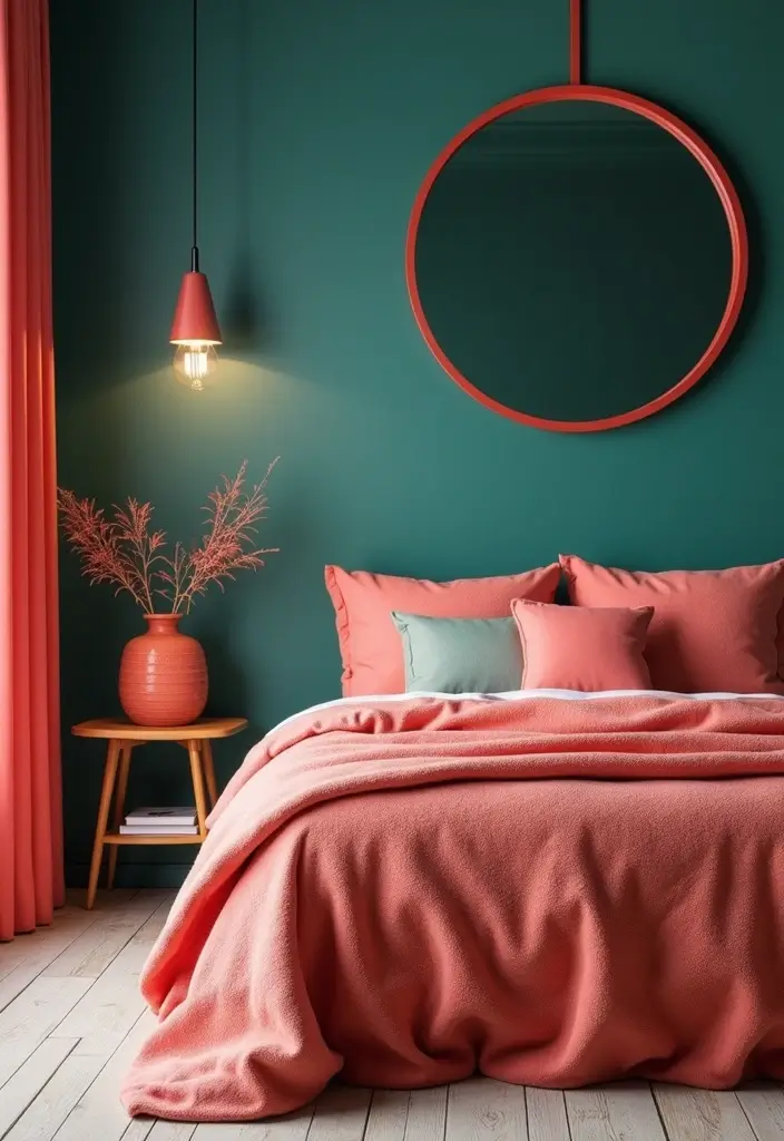 25 Dark Teal Bedroom Ideas That Bring Depth and Style - 16. Retro Teal and Coral Combo