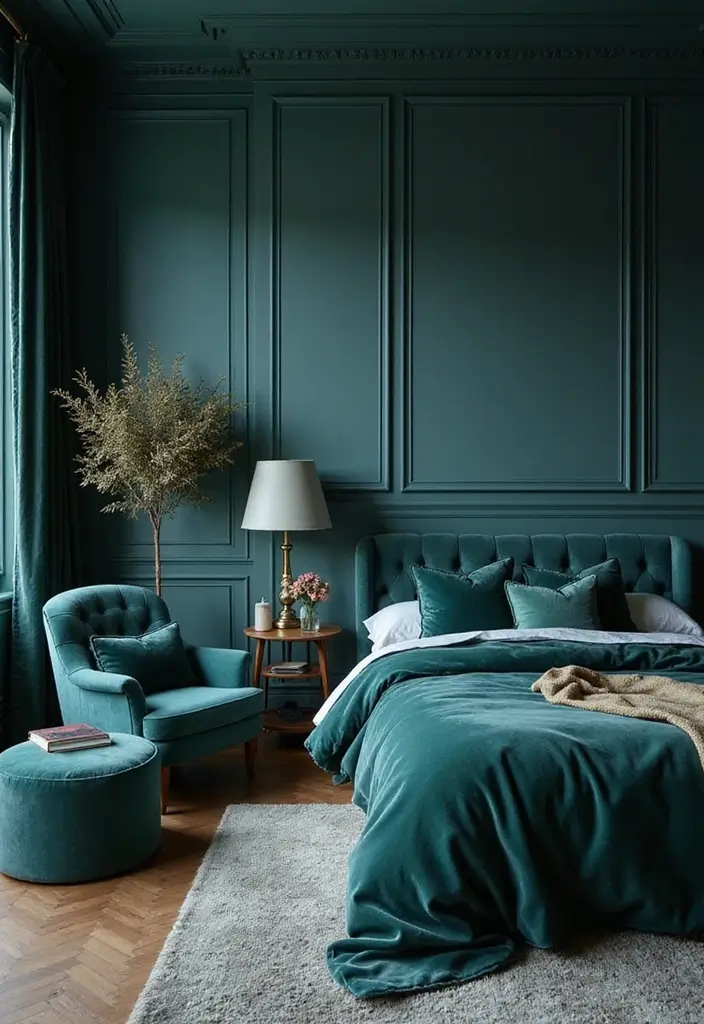 25 Dark Teal Bedroom Ideas That Bring Depth and Style - 18. Lush Velvet Accents