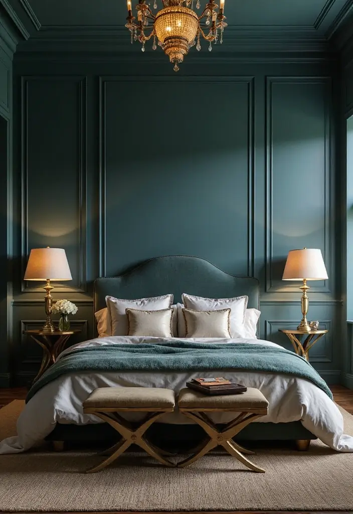 25 Dark Teal Bedroom Ideas That Bring Depth and Style - 22. Warm Metallic Touches