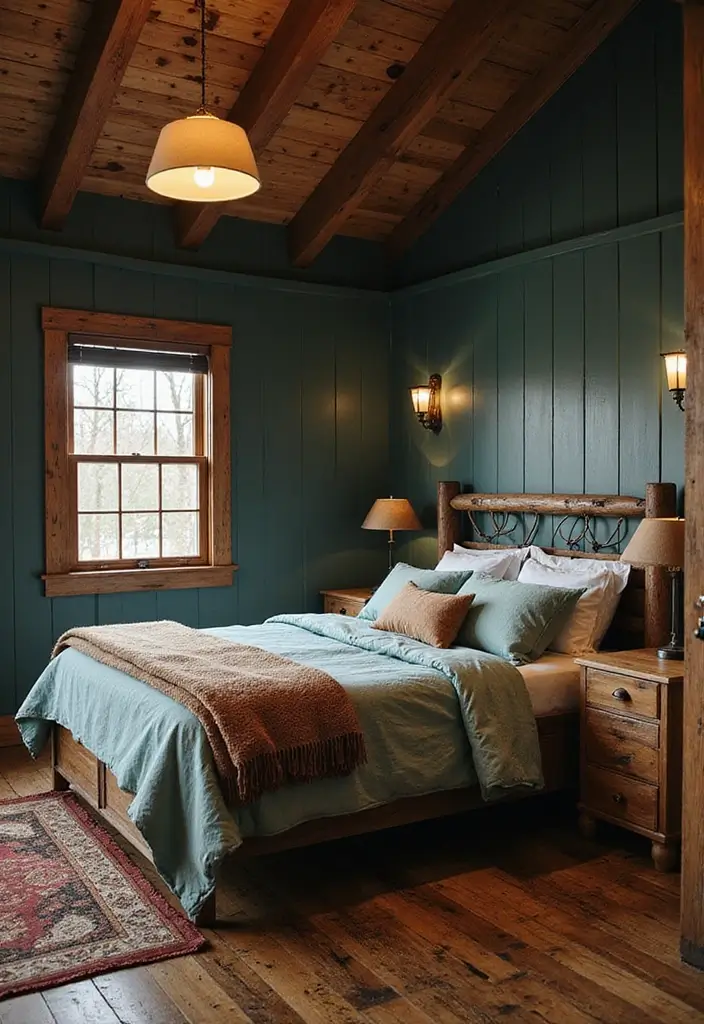 25 Dark Teal Bedroom Ideas That Bring Depth and Style - 4. Cozy Cabin Retreat
