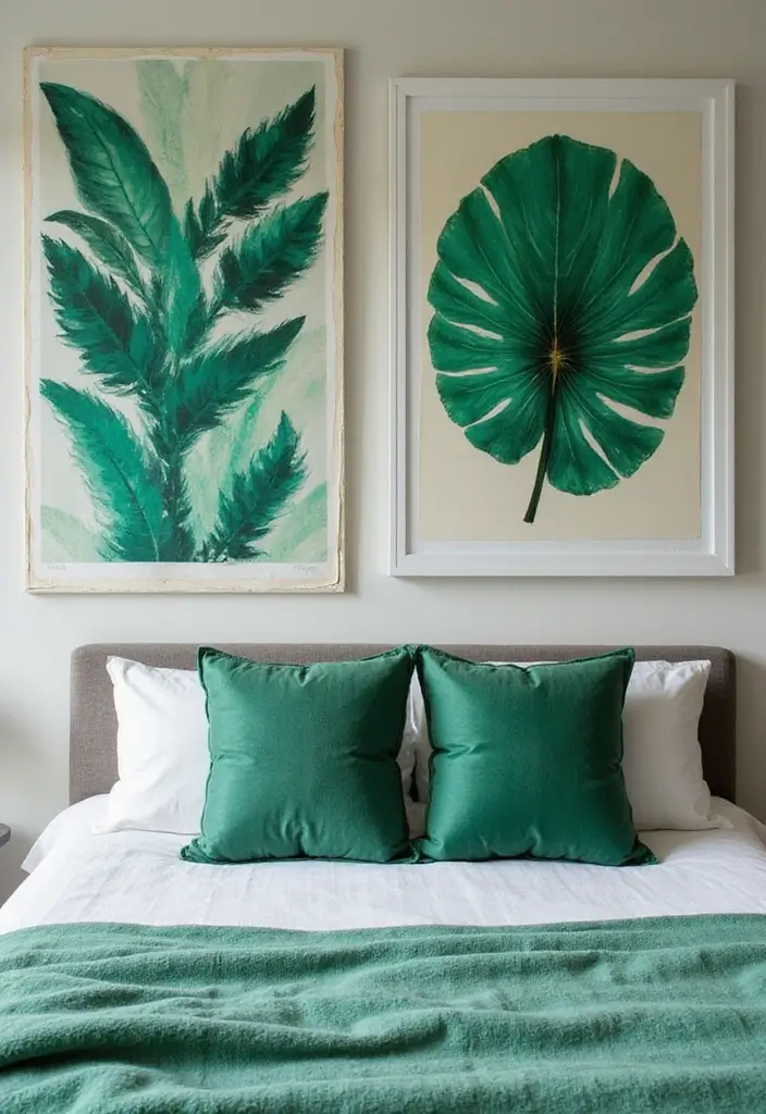 25 Emerald Green Bedroom Ideas That Add Glam and Freshness - 11. Artwork with Emerald Elements