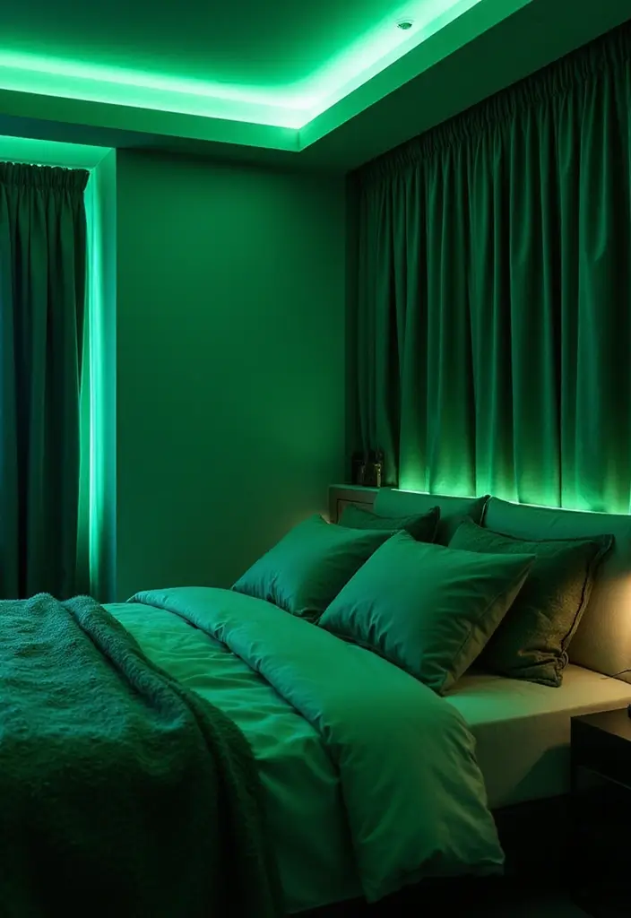 25 Emerald Green Bedroom Ideas That Add Glam and Freshness - 12. Emerald Green Lighting
