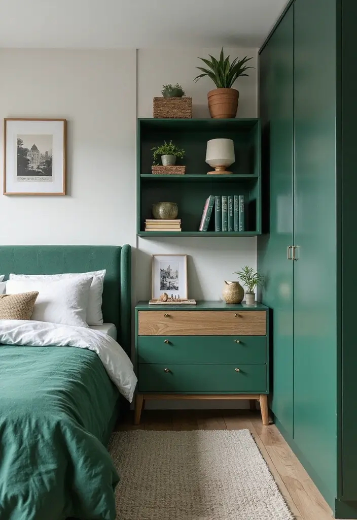 25 Emerald Green Bedroom Ideas That Add Glam and Freshness - 14. Compact Furniture with Emerald Accents