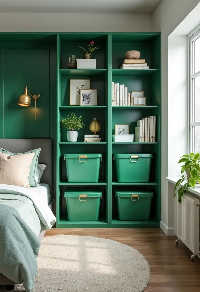 25 Emerald Green Bedroom Ideas That Add Glam and Freshness - 16. Emerald Green Storage Solutions