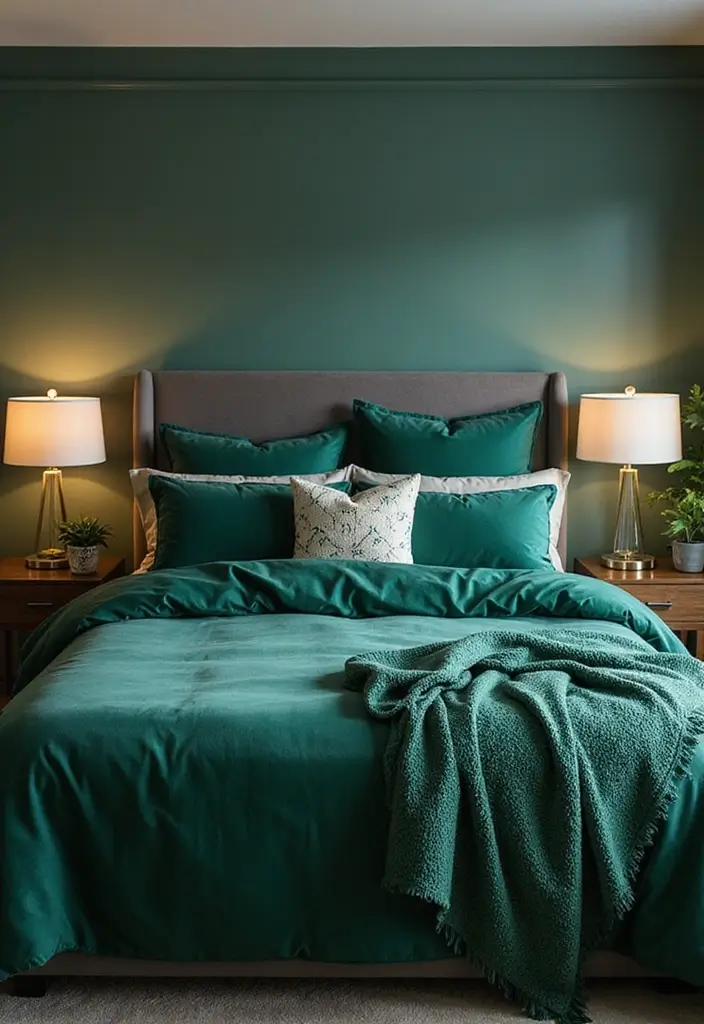 25 Emerald Green Bedroom Ideas That Add Glam and Freshness - 5. Emerald Bedding