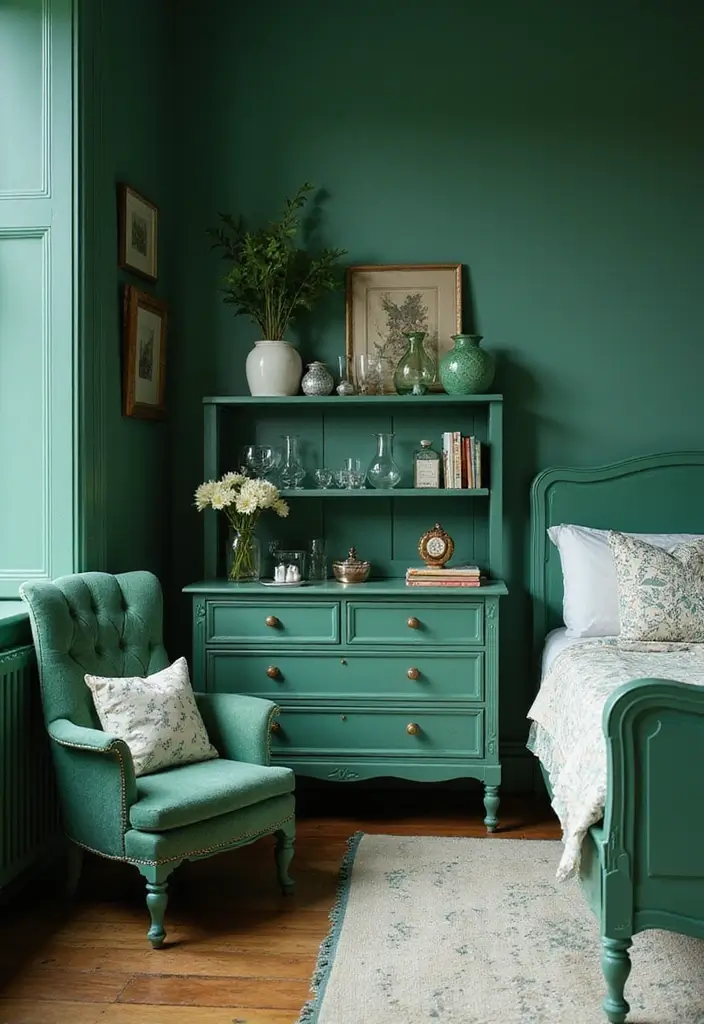 25 Emerald Green Bedroom Ideas That Add Glam and Freshness - 6. Vintage Finds