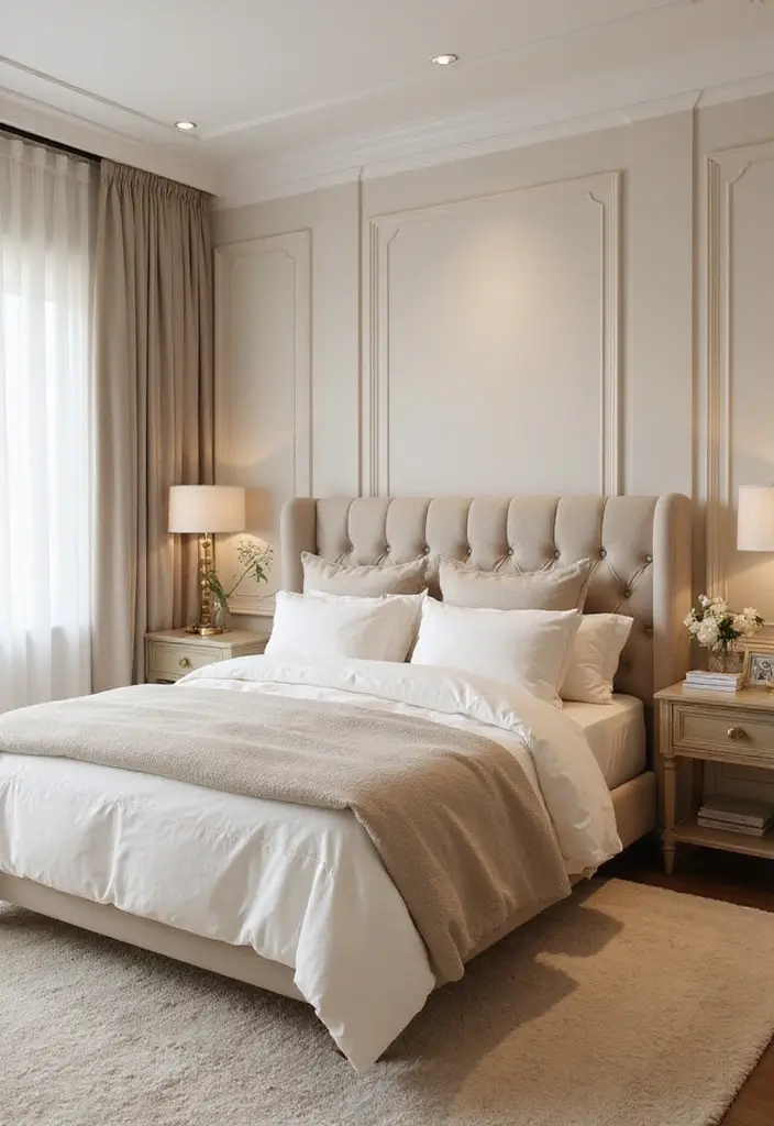 25 Female Bedroom Ideas Classy That Feel Elegant & Stylish - 1. Soft Neutrals with a Touch of Glam