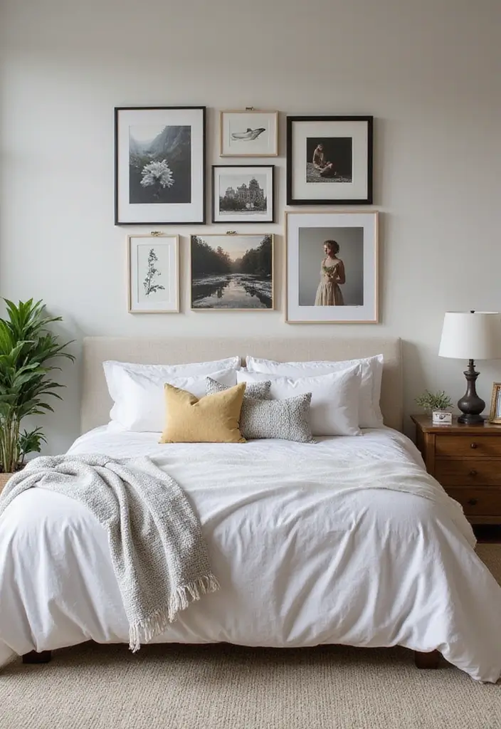 25 Female Bedroom Ideas Classy That Feel Elegant & Stylish - 9. Artful Gallery Walls