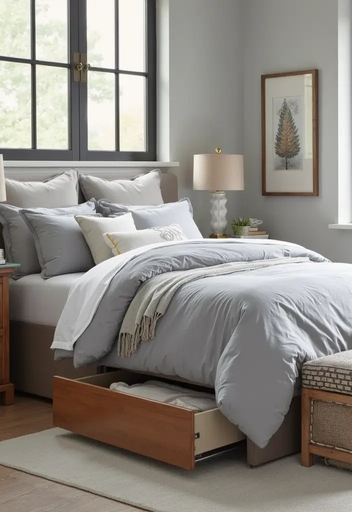25 Gray Comforter Bedroom Ideas That Feel Calm & Neutral - 15. Smart Storage Solutions