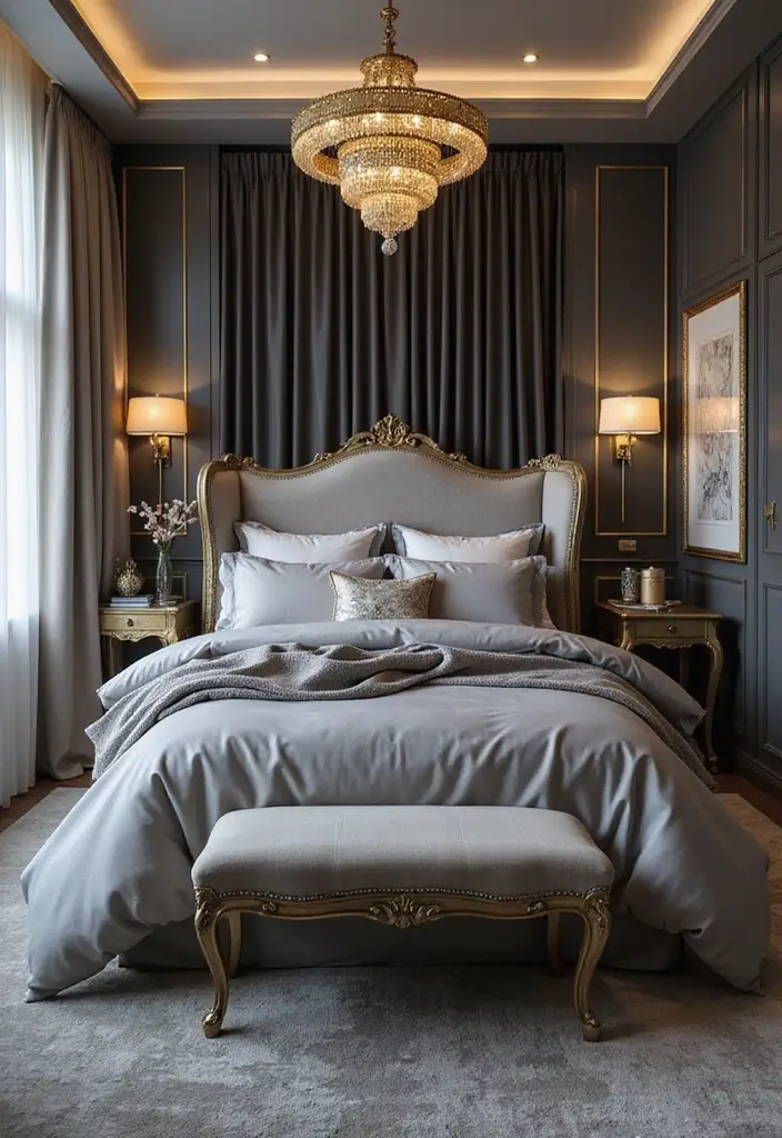 25 Gray Comforter Bedroom Ideas That Feel Calm & Neutral - 16. Glamorous Touch