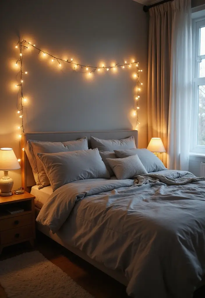 25 Gray Comforter Bedroom Ideas That Feel Calm & Neutral - 23. Soft Lighting