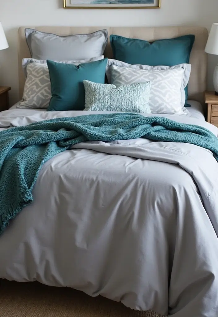25 Grey and Teal Bedroom Ideas That Feel Balanced and Modern - 12. Layered Bedding Styles