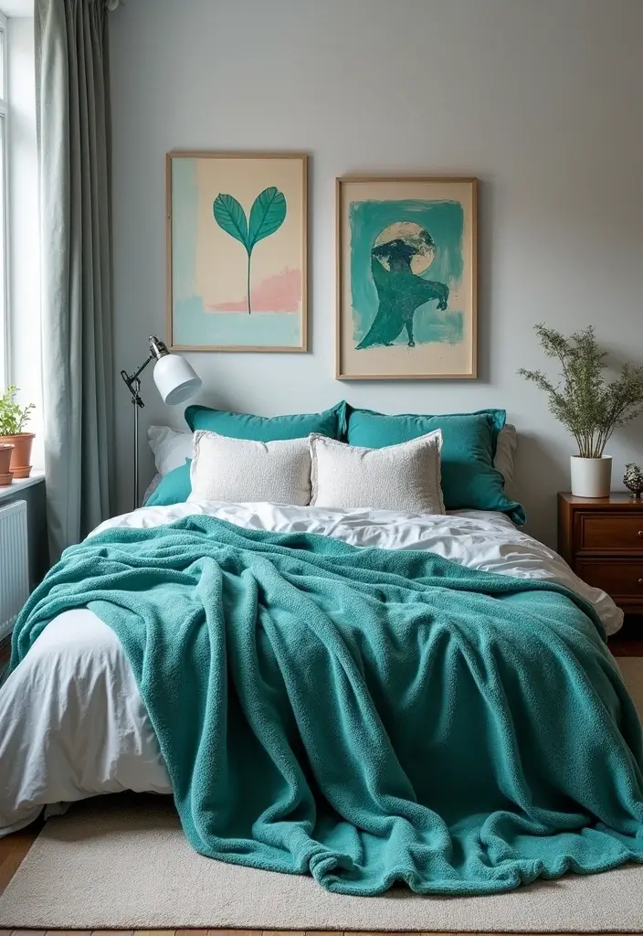 25 Grey and Teal Bedroom Ideas That Feel Balanced and Modern - 13. Vibrant Accents with Accessories