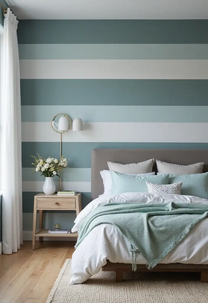 25 Grey and Teal Bedroom Ideas That Feel Balanced and Modern - 14. Grey and Teal Striped Walls