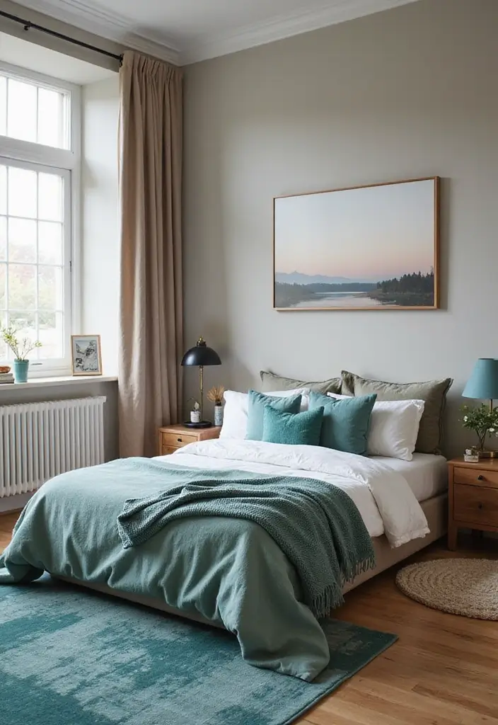 25 Grey and Teal Bedroom Ideas That Feel Balanced and Modern - 17. Soft Area Rugs